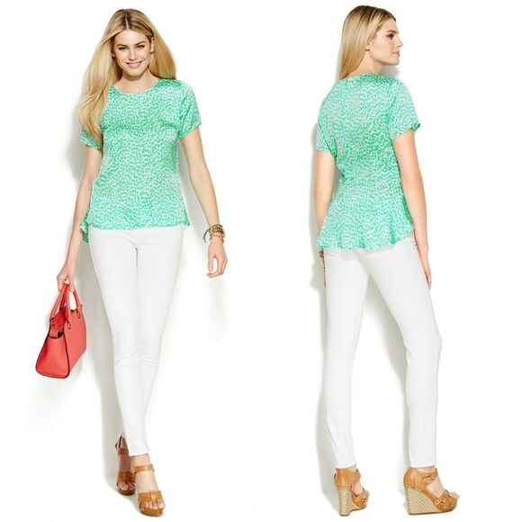 New! MICHAEL KORS Women's Leopard Print Peplum-Back Top Blouse Short Sleeve - Picture 5 of 7